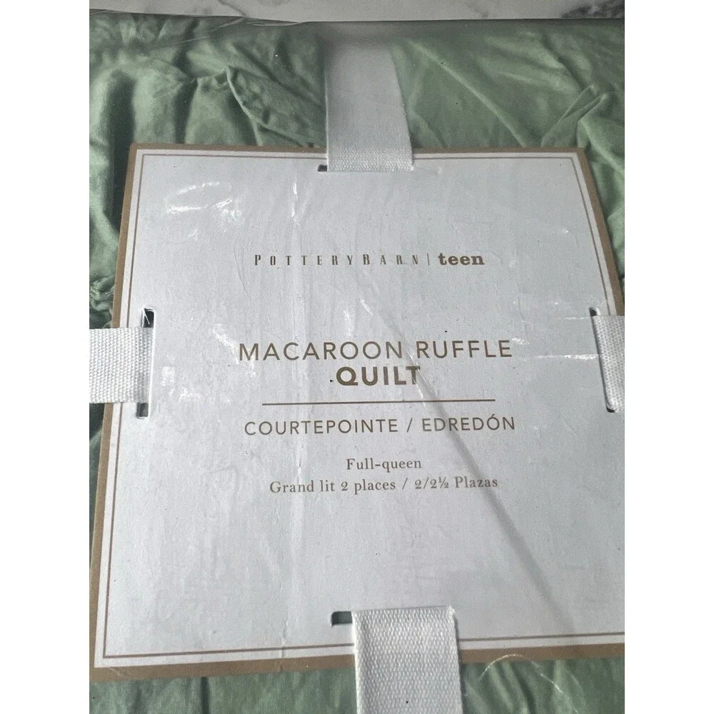 NEW Pottery Barn Teen full Queen Macaroon Ruffle Quilt & 2 standard shams Green